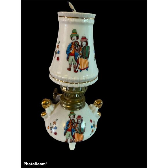 Porcelain Hurricane Oil Lamp & Shade  6” Japanese Japan Clown Theme - Picture 1 of 11